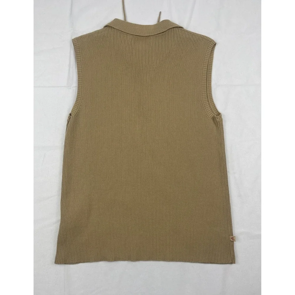 LAUREN RALPH LAUREN PETITE P/M RIB KNIT SLEEVELESS LACE UP SWEETER BEIGE COTTON